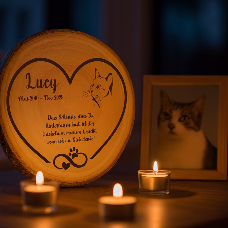 Personalisierte Baumscheibe 30 cm Gedenktafel an deine Katze mit Gravur Andenken Holzscheibe mit Gravur Erinnerung Samtpfote Grabscheibe Kater Trauerdekoration Deko Katzengedenktafel aus Holz im Wohnzimmer mit Kerzen und gerahmtem Foto der Katze.