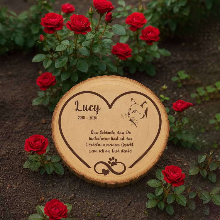 Personalisierte Baumscheibe 30 cm Gedenktafel an deine Katze mit Gravur Andenken Holzscheibe mit Gravur Erinnerung Samtpfote Grabscheibe Kater Trauerdekoration Deko Katzen-Gedenktafel aus Holz in einem Blumenbeet mit roten Rosen im Garten.