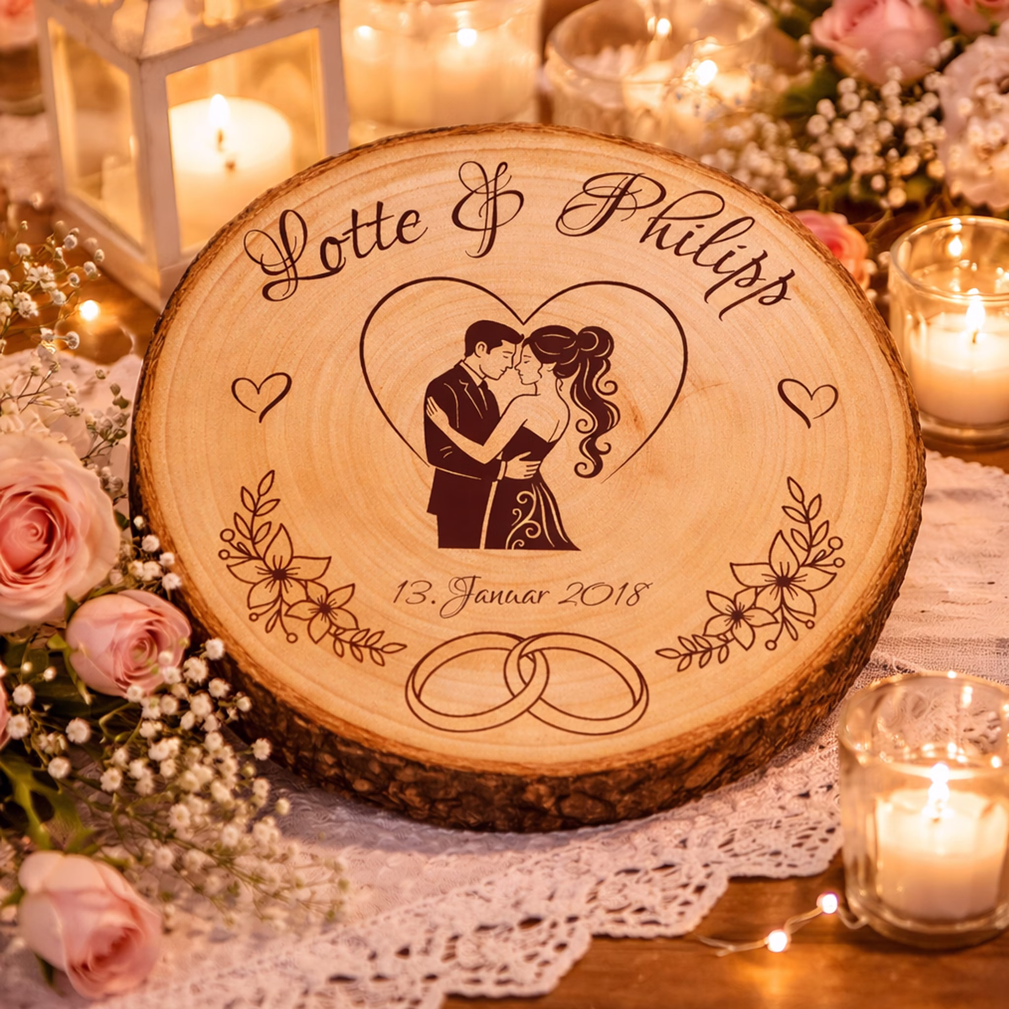 Personalisierte Holz-Baumscheibe als Hochzeitsgeschenk, dekoriert mit Kerzen, Rosen und Spitze auf einer festlichen Tischdekoration.