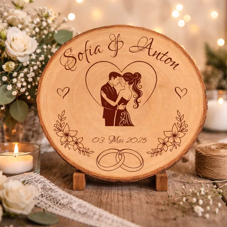Baumscheibe mit Gravur 30 cm Brautpaar Personalisiert Hochzeitsgeschenk Namen und Datum Hochzeit Jahrestag Geschenkidee Hochzeitsgeschenk Silberhochzeit Personalisierte Baumscheibe mit Gravur „Sofia & Anton“ und Datum, dekoriert mit Kerzen, Rosen und Spitze in warmem Licht.