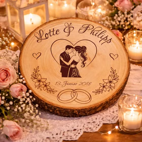 Baumscheibe mit Gravur 30 cm Brautpaar Personalisiert Hochzeitsgeschenk Namen und Datum Hochzeit Jahrestag Geschenkidee Hochzeitsgeschenk Silberhochzeit Personalisierte Holz-Baumscheibe als Hochzeitsgeschenk, dekoriert mit Kerzen, Rosen und Spitze auf einer festlichen Tischdekoration.