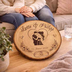 Baumscheibe mit Gravur 30 cm Brautpaar Personalisiert Hochzeitsgeschenk Namen und Datum Hochzeit Jahrestag Geschenkidee Hochzeitsgeschenk Silberhochzeit Personalisierte Baumscheibe mit Gravur liegt als Erinnerungsstück auf einem Wohnzimmertisch vor einem sitzenden Paar.