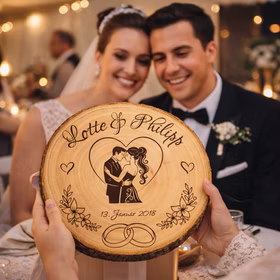 Baumscheibe mit Gravur 30 cm Brautpaar Personalisiert Hochzeitsgeschenk Namen und Datum Hochzeit Jahrestag Geschenkidee Hochzeitsgeschenk Silberhochzeit Hochzeitspaar lächelt im Hintergrund, während eine personalisierte Baumscheibe als Hochzeitsgeschenk überreicht wird.