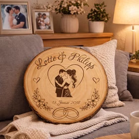 Baumscheibe mit Gravur 30 cm Brautpaar Personalisiert Hochzeitsgeschenk Namen und Datum Hochzeit Jahrestag Geschenkidee Hochzeitsgeschenk Silberhochzeit Gravierte Baumscheibe mit Hochzeitsmotiv als dekoratives Element auf einem Sofa mit Kissen im gemütlichen Wohnambiente.