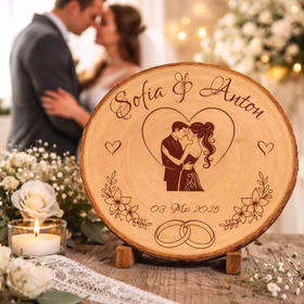 Baumscheibe mit Gravur 30 cm Brautpaar Personalisiert Hochzeitsgeschenk Namen und Datum Hochzeit Jahrestag Geschenkidee Hochzeitsgeschenk Silberhochzeit Personalisierte Holzscheibe im Vordergrund, im Hintergrund unscharfes Brautpaar, umgeben von Blumen und Kerzenlicht.