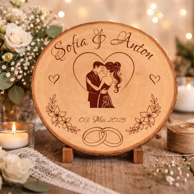 Baumscheibe mit Gravur 30 cm Brautpaar Personalisiert Hochzeitsgeschenk Namen und Datum Hochzeit Jahrestag Geschenkidee Hochzeitsgeschenk Silberhochzeit Personalisierte Baumscheibe mit Gravur „Sofia & Anton“ und Datum, dekoriert mit Kerzen, Rosen und Spitze in warmem Licht.