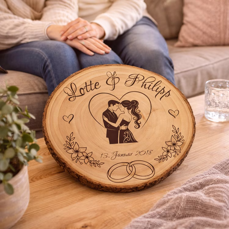 Baumscheibe mit Gravur 30 cm Brautpaar Personalisiert Hochzeitsgeschenk Namen und Datum Hochzeit Jahrestag Geschenkidee Hochzeitsgeschenk Silberhochzeit Personalisierte Baumscheibe mit Gravur liegt als Erinnerungsstück auf einem Wohnzimmertisch vor einem sitzenden Paar.