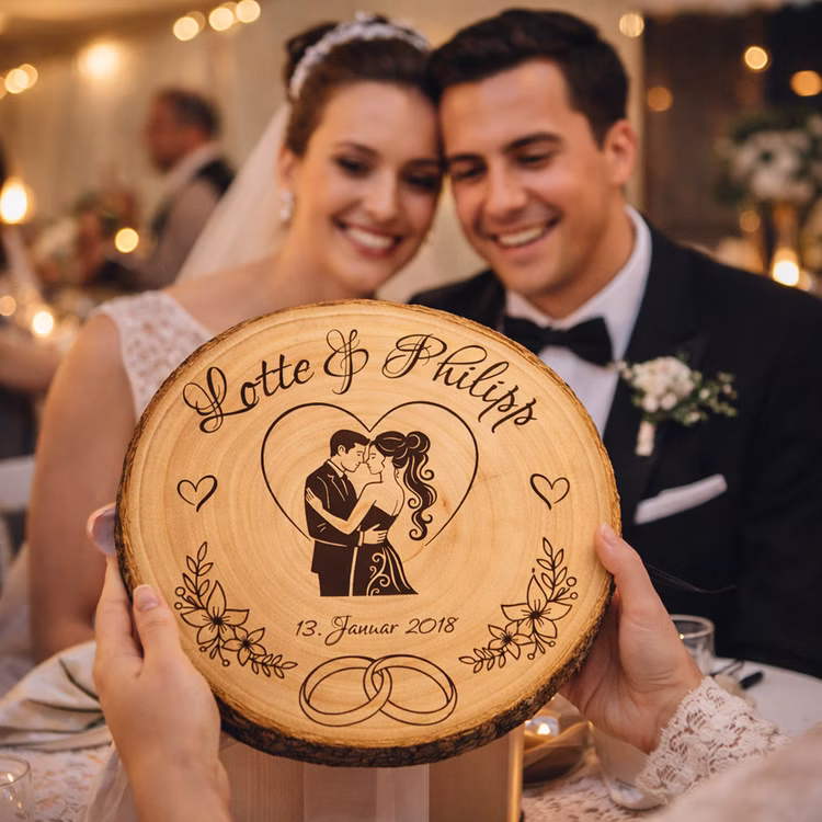 Baumscheibe mit Gravur 30 cm Brautpaar Personalisiert Hochzeitsgeschenk Namen und Datum Hochzeit Jahrestag Geschenkidee Hochzeitsgeschenk Silberhochzeit Hochzeitspaar lächelt im Hintergrund, während eine personalisierte Baumscheibe als Hochzeitsgeschenk überreicht wird.