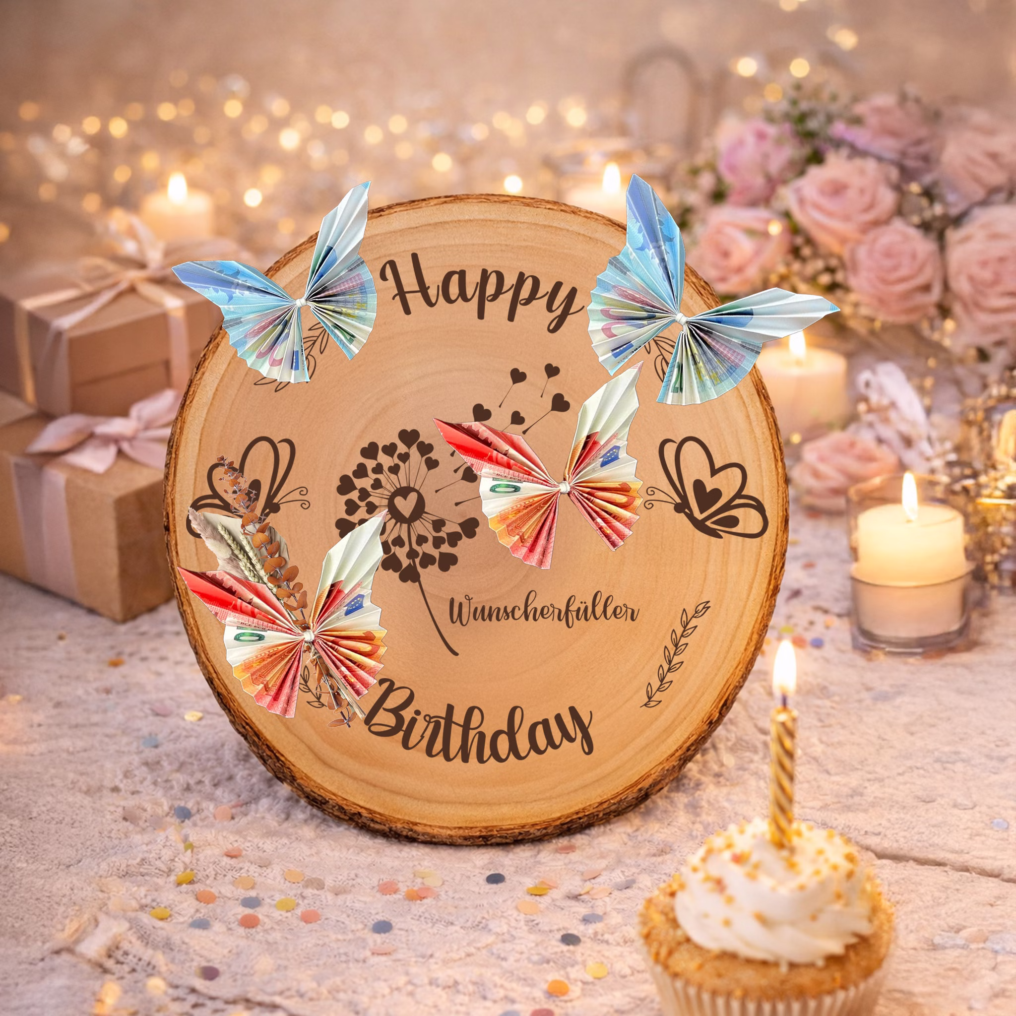Baumscheibe 30 cm Happy Birthday Wunscherfüller Geldgeschenk Individuelles Geschenk DIY-Geschenkidee Geburtstag Holzscheibe Bastelbedarf Basteln Baumscheibe mit graviertem Wunscherfüller-Motiv, dekoriert mit aus Geldscheinen gefalteten Schmetterlingen als verspieltes Geldgeschenk zum Geburtstag.