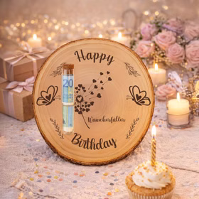 Baumscheibe 30 cm Happy Birthday Wunscherfüller Geldgeschenk Individuelles Geschenk DIY-Geschenkidee Geburtstag Holzscheibe Bastelbedarf Basteln Dekorative Baumscheibe mit Geburtstagsgravur und Wunscherfüller, kombiniert mit einem Reagenzglas für Geldgeschenke, umgeben von Kerzen, Geschenken und einem Geburtstags-Cupcake.
