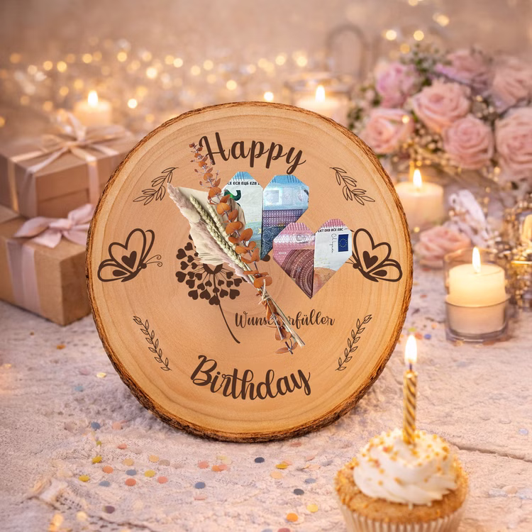 Baumscheibe 30 cm Happy Birthday Wunscherfüller Geldgeschenk Individuelles Geschenk DIY-Geschenkidee Geburtstag Holzscheibe Bastelbedarf Basteln Runde Baumscheibe mit Geburtstagsgravur, kombiniert mit gefalteten Geldherzen und dekorativen Trockenblumen als individuelles und nachhaltiges Geldgeschenk.