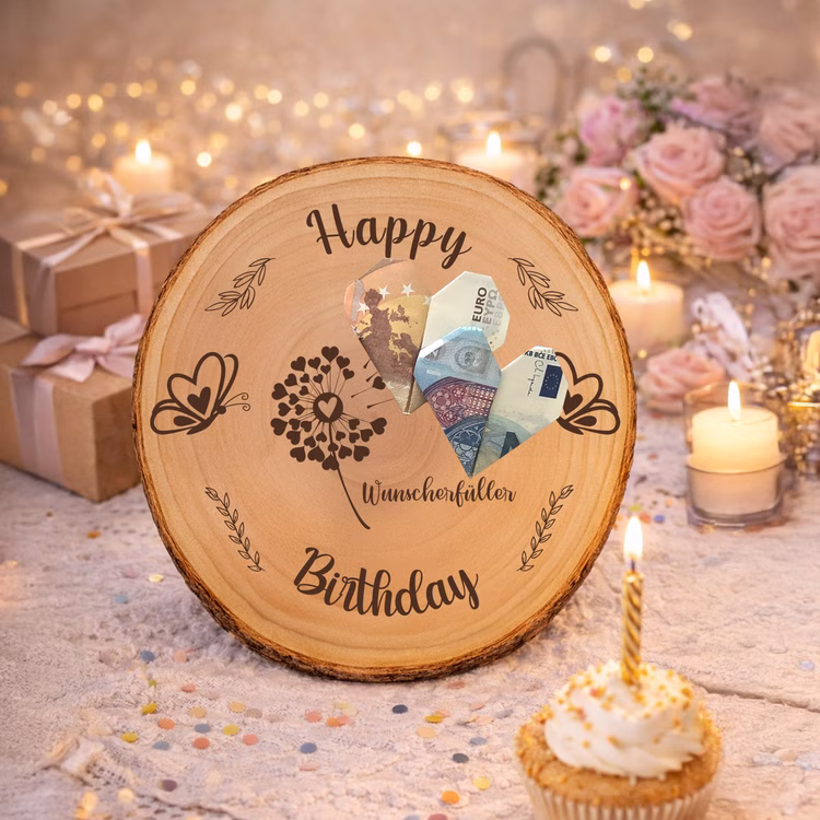 Baumscheibe 30 cm Happy Birthday Wunscherfüller Geldgeschenk Individuelles Geschenk DIY-Geschenkidee Geburtstag Holzscheibe Bastelbedarf Basteln Baumscheibe mit graviertem „Happy Birthday“-Motiv, dekoriert mit zu Herzen gefalteten Geldscheinen als kreatives Geldgeschenk in festlicher Geburtstagsumgebung.