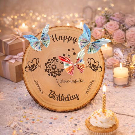 Baumscheibe 24 cm Happy Birthday Wunscherfüller Geldgeschenk Individuelles Geschenk DIY-Geschenkidee Geburtstag Holzscheibe Bastelbedarf Basteln Geburtstags-Baumscheibe mit Holzgravur, verziert mit bunten Schmetterlingen aus gefalteten Geldscheinen, arrangiert in warmem Ambiente mit Kerzen und Blumen.