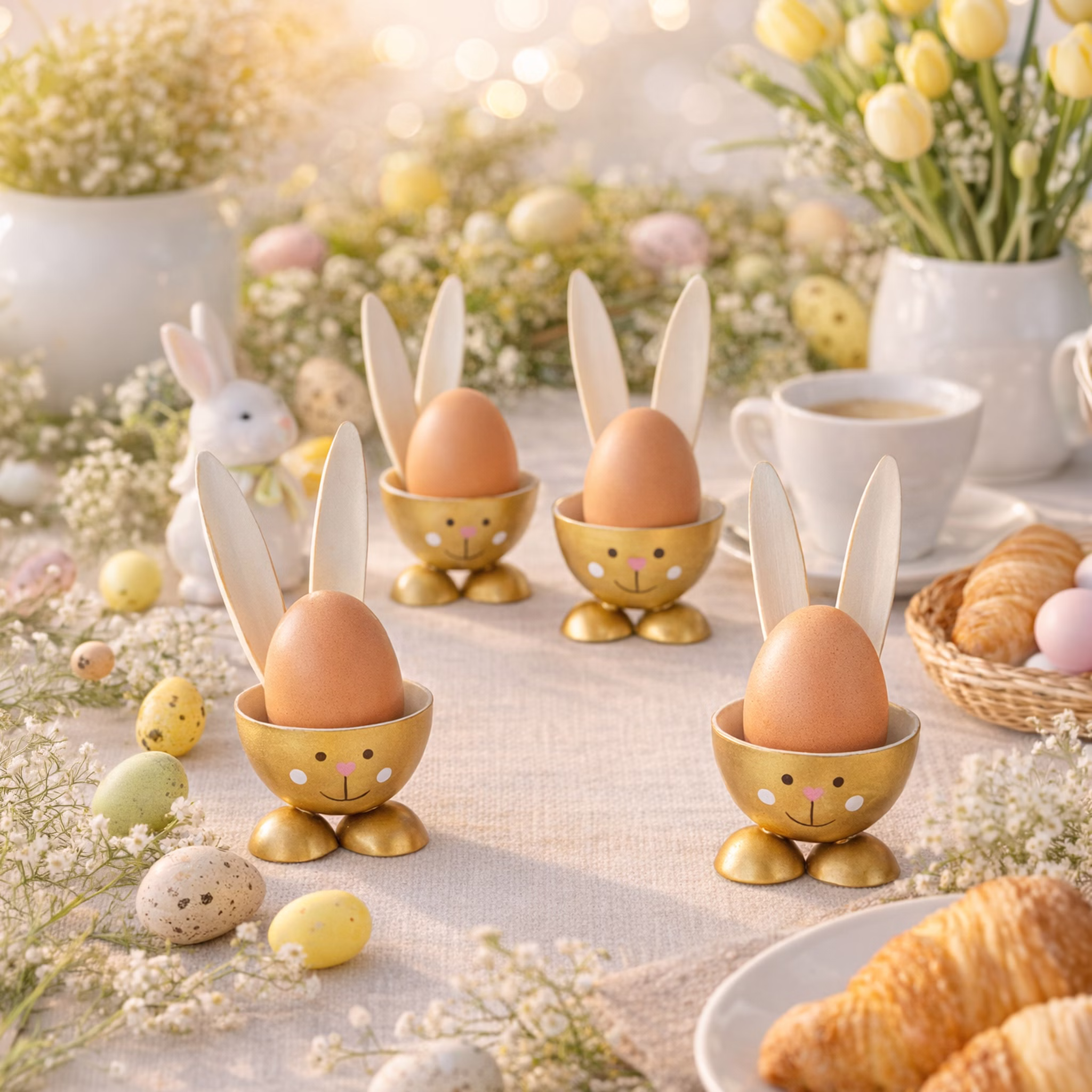 Vier goldfarbene Eierbecher im Hasen-Design aus Metall mit braunen Frühstückseiern auf einem dekorativ gedeckten Oster-Frühstückstisch mit Blumen, Gebäck und Frühlingsdeko.