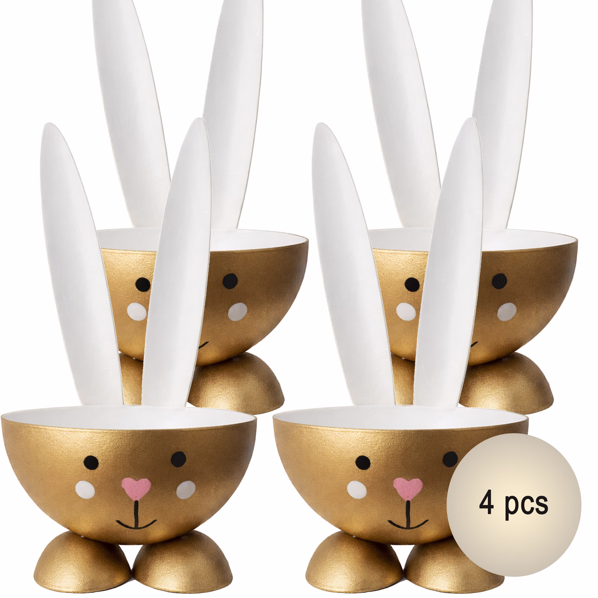 Vier goldfarbene Eierbecher in Hasenform aus Metall mit weißen Ohren und rosa Herz-Nase, frontal auf weißem Hintergrund angeordnet; rechts unten Hinweis 4 Stück.