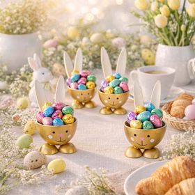 Vier goldene Hasen-Eierbecher gefüllt mit bunten Schokoladen-Ostereiern auf einem hell dekorierten Oster-Frühstückstisch.