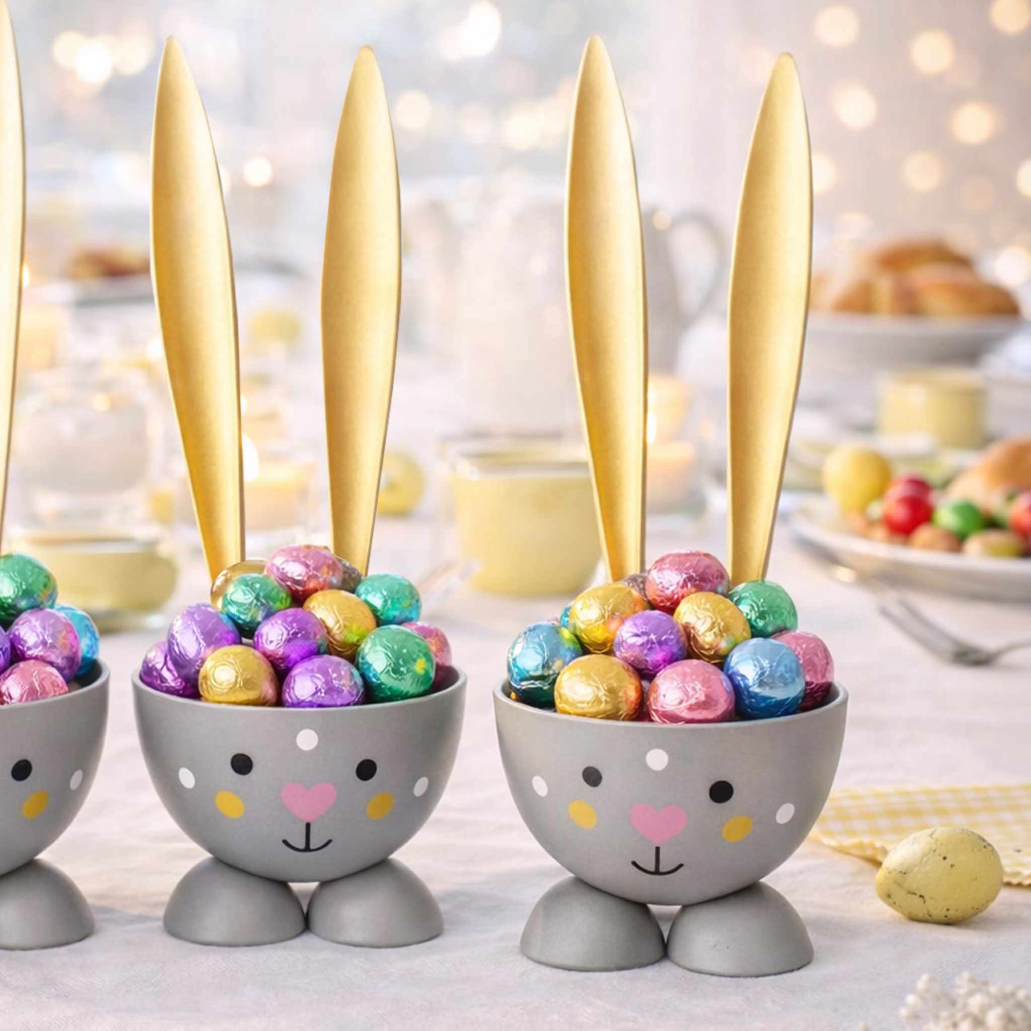 Graue Hasen-Eierbecher mit langen goldenen Ohren, gefüllt mit bunten Schokoladeneiern in glänzender Folie, auf einem festlich dekorierten Osterbrunch-Tisch.