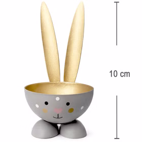 Hasen-Eierbecher in Grau und Gold auf weißem Hintergrund mit eingezeichneter Höhenangabe von 10 cm; das Produkt steht auf zwei runden Füßen.