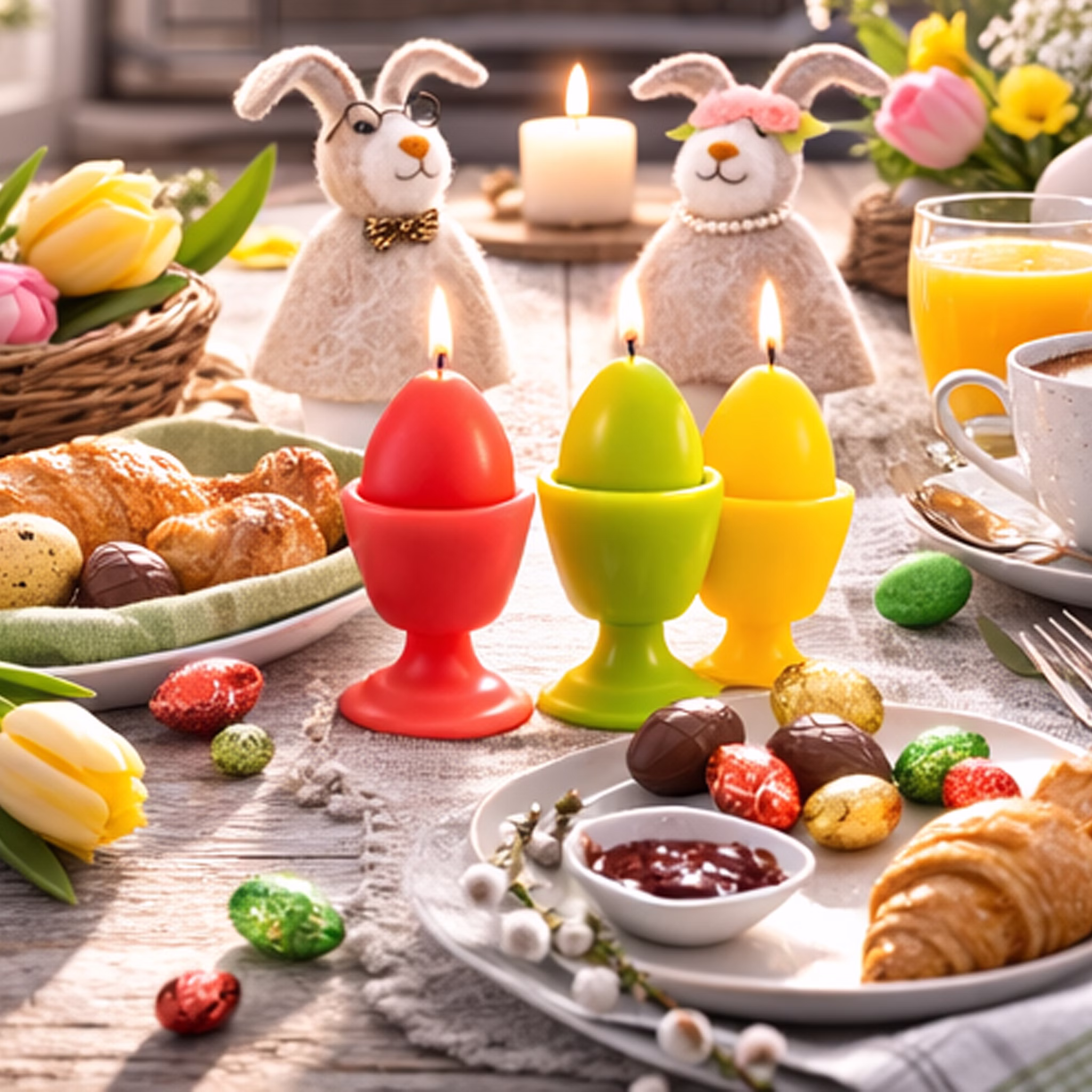 Drei brennende Eierkerzen in Eierbecher-Optik auf einem festlich dekorierten Osterfrühstückstisch mit Croissants, Saft und Blumen.