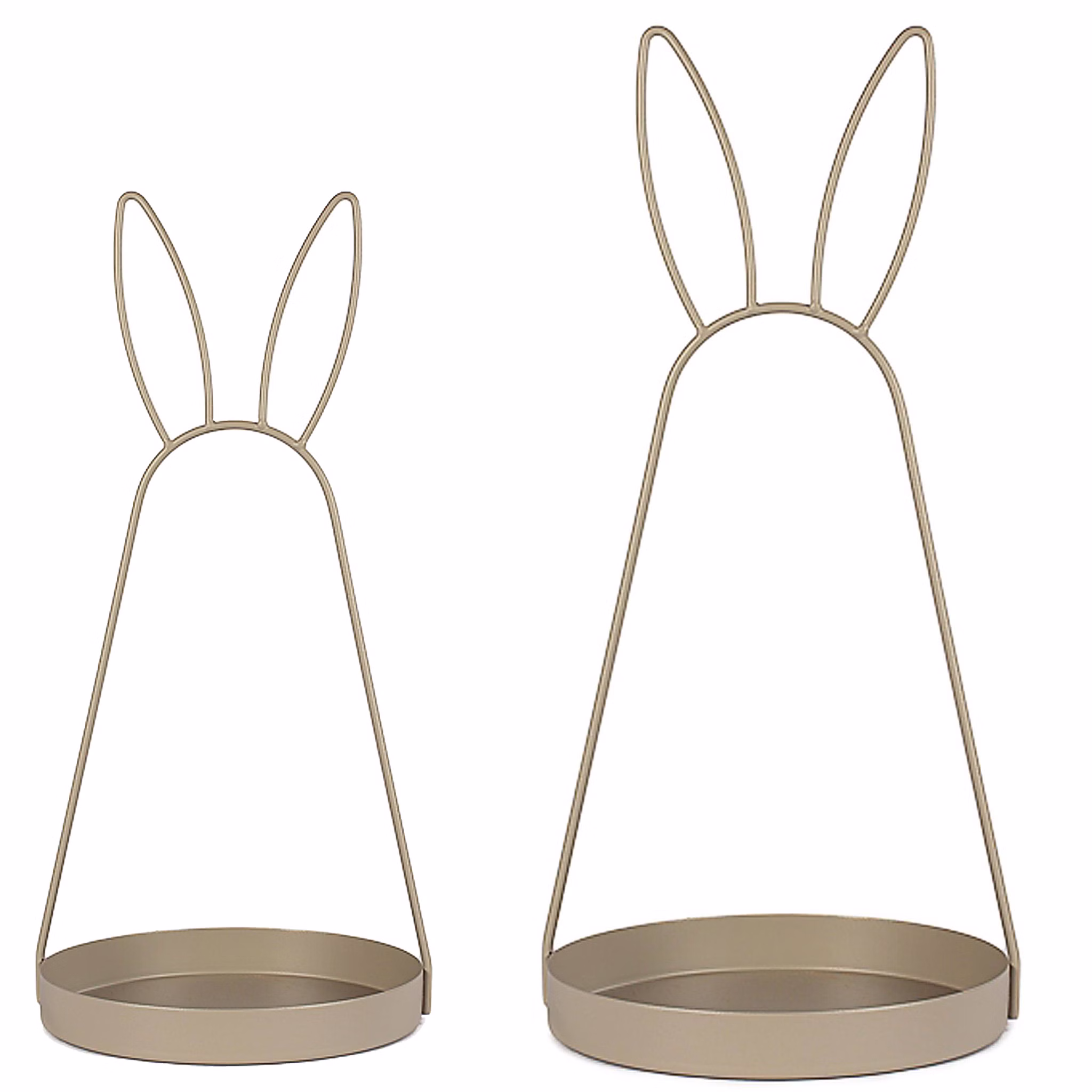 Oster-Deko Serviertablett 2er-Set mit Hasenohren 49 cm & 39 cm Schale aus Metall Hasenohren Deko-Etagere (1-stufig) Osterdeko Ostern Osterfest Dekoration Zwei goldfarbene Oster-Dekoschalen aus Metall mit Hasenohren in unterschiedlichen Größen, 39 cm und 49 cm, auf weißem Hintergrund freigestellt.