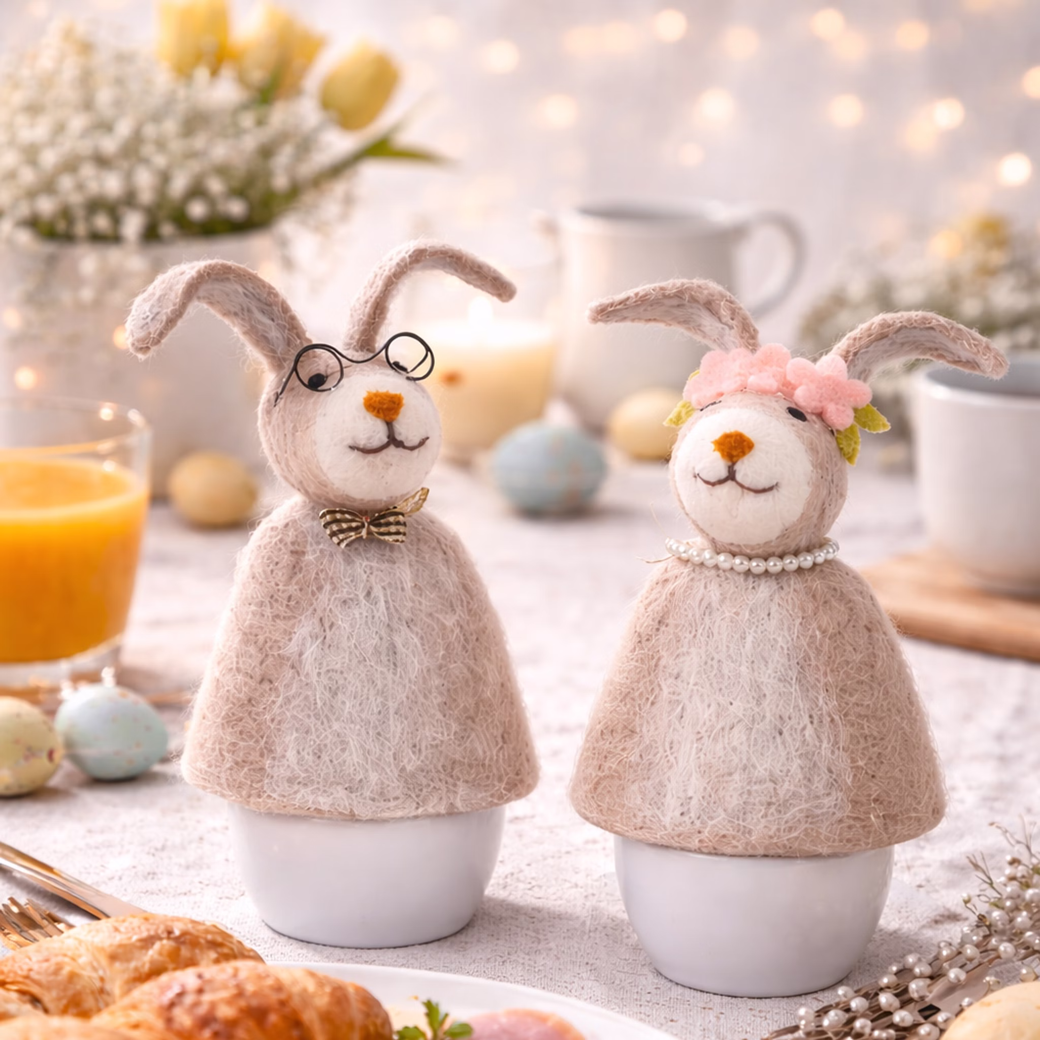 Zwei Filz-Hasen als Eierwärmer auf weißen Eierbechern am festlich gedeckten Ostertisch mit Kerzen, Blumen und Frühstück.