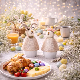 Hasen-Eierwärmer auf Frühstückstisch mit Croissants, Schokoeiern, Frühlingsblumen und Osterdekoration im Hintergrund.