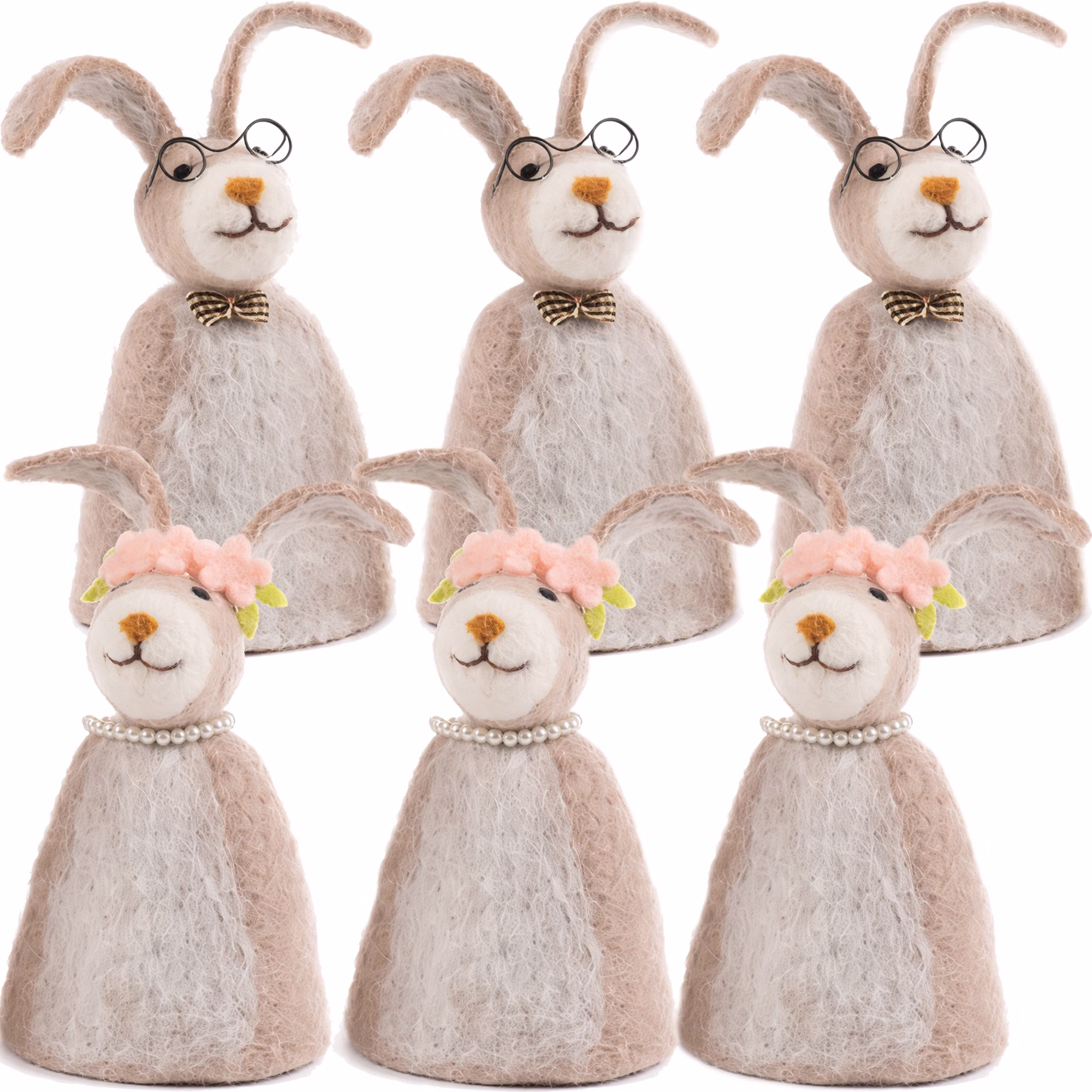 Sechs Filz-Eierwärmer in Hasenform – 3 mal Hasenmann mit Brille und Schleife, 3 mal Hasenfrau mit Blütenkranz und Perlenkette – vor weißem Hintergrund.