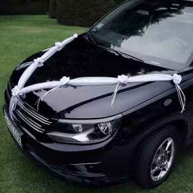 Autoschmuck Deko 2 Girlanden mit Blüten Weiß 180 cm Motorhaube Hochzeitsauto Wedding Car Organza-Girlande mit Rosenblüten Dekoration Schwarzes Auto auf einer Wiese mit weißem Autoschmuck in V-Form auf der Motorhaube dekoriert.