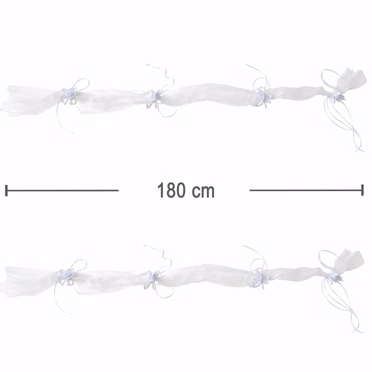 Autoschmuck Deko 2 Girlanden mit Blüten Weiß 180 cm Motorhaube Hochzeitsauto Wedding Car Organza-Girlande mit Rosenblüten Dekoration Produktabbildung der weißen Hochzeitsgirlanden mit Maßangabe von 180 cm Länge.