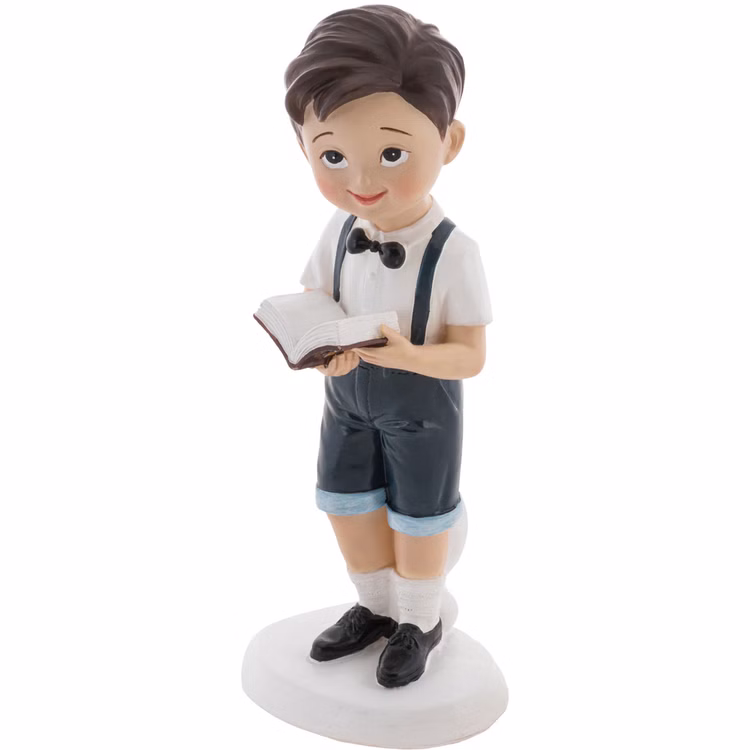 Kommunion Tortenfigur Junge mit Bibel 15,5 cm Kommunionskuchen Deko Weiß Blau Erstkommunion Jugendweihe Kommunions-Deko Tisch-Deko Dekoration Tortenfigur Kommunion Tortenfigur Junge mit Bibel in Weiß und Blau – detailreiche Dekoration für Kommunionskuchen oder Tischdeko zur Erstkommunion.