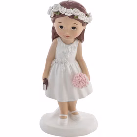 Kommunion Figur Mädchen mit Bibel & Blumenkranz 15 cm Torten-Deko Erstkommunion Jugendweihe Kommunions-Deko Tisch-Deko Dekoration Tortenfigur Dekofigur Mädchen zur Erstkommunion mit Blumenkranz, weißem Kleid, Bibel und rosa Blumenstrauß aus Kunstharz auf weißem Hintergrund.