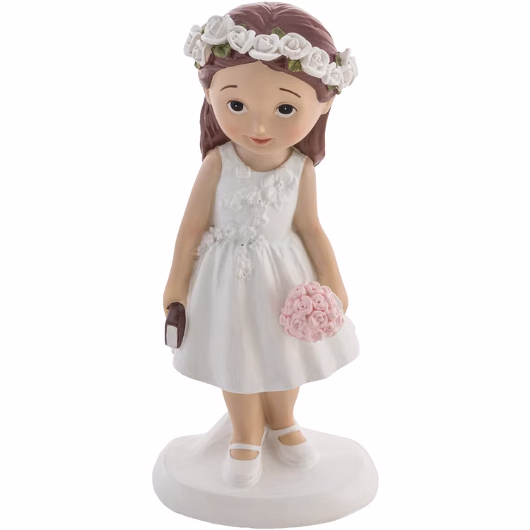 Kommunion Figur Mädchen mit Bibel & Blumenkranz 15 cm Torten-Deko Erstkommunion Jugendweihe Kommunions-Deko Tisch-Deko Dekoration Tortenfigur Dekofigur Mädchen zur Erstkommunion mit Blumenkranz, weißem Kleid, Bibel und rosa Blumenstrauß aus Kunstharz auf weißem Hintergrund.