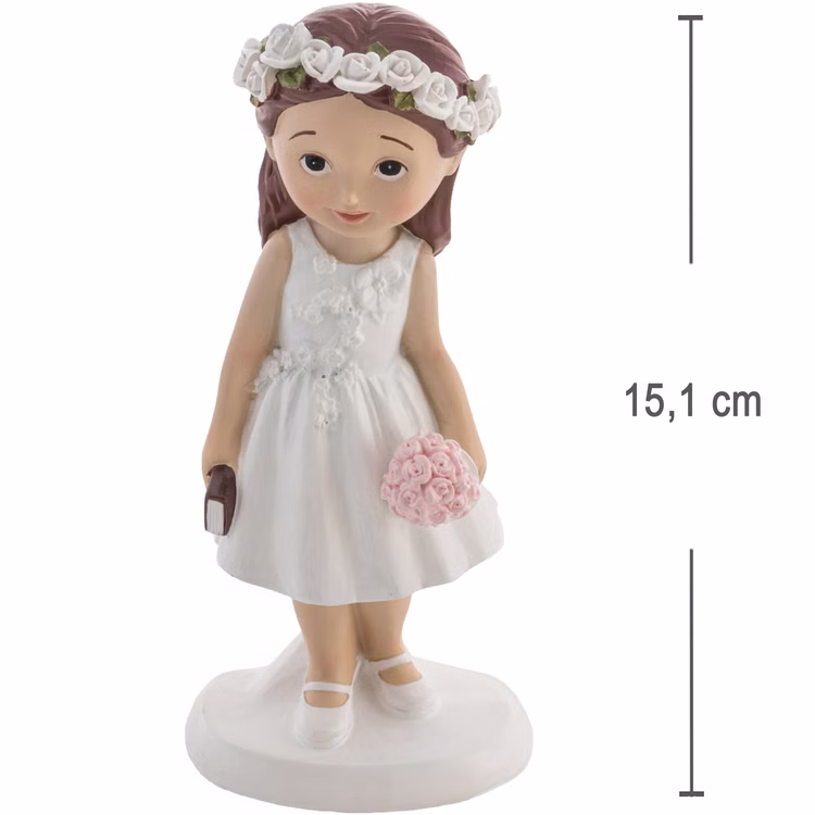 Kommunion Figur Mädchen mit Bibel & Blumenkranz 15 cm Torten-Deko Erstkommunion Jugendweihe Kommunions-Deko Tisch-Deko Dekoration Tortenfigur Kommunionfigur Mädchen aus Kunstharz mit Blumenkranz und Bibel, Höhe 15,1 cm, mit Maßangabe zur Größenübersicht.