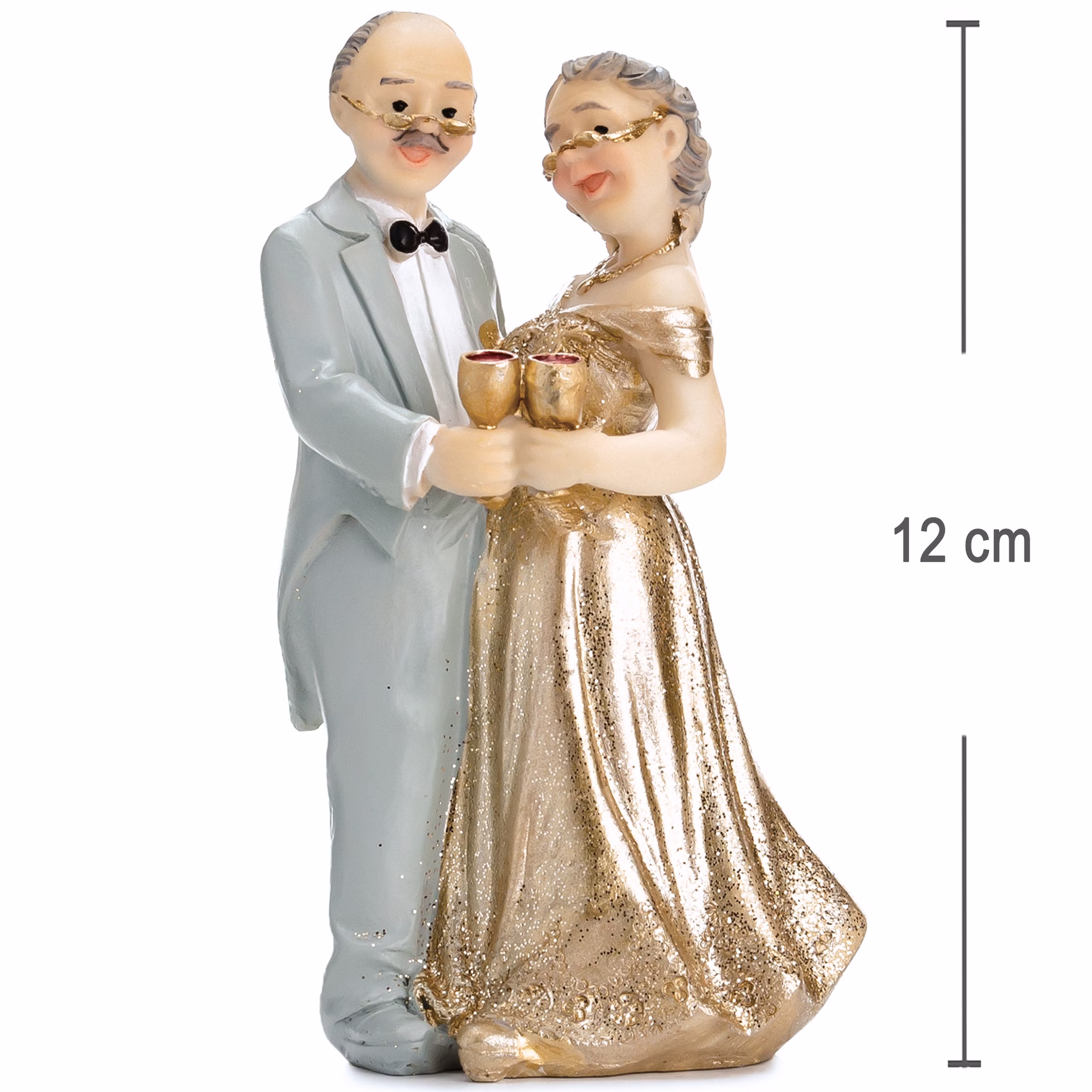 Tortenaufsatz Goldene Hochzeit Ehepaar Jubiläum Tisch-Deko Party-Zubehör Party-Deko Dekoration 50 Ehejahre Jubiläum Tortenaufsatz goldenes Hochzeitspaar mit Maßangabe 12 cm Höhe, detailreiche Figur mit festlicher Kleidung und Sektgläsern.