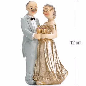 Tortenaufsatz Goldene Hochzeit Ehepaar Jubiläum Tisch-Deko Party-Zubehör Party-Deko Dekoration 50 Ehejahre Jubiläum Tortenaufsatz goldenes Hochzeitspaar mit Maßangabe 12 cm Höhe, detailreiche Figur mit festlicher Kleidung und Sektgläsern.