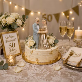 Tortenaufsatz Goldene Hochzeit Ehepaar Jubiläum Tisch-Deko Party-Zubehör Party-Deko Dekoration 50 Ehejahre Jubiläum Tortenaufsatz goldenes Ehepaar auf dekorierter Jubiläumstorte zur goldenen Hochzeit, umgeben von Blumen, Kerzen und goldener Tischdeko.