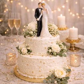 Tortenaufsatz Hochzeitspaar auf dreistöckiger Hochzeitstorte mit Blumen, Perlen und goldenen Details in elegantem Ambiente.