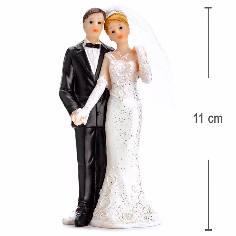 Figur Hochzeitspaar 11 cm Tortenaufsatz Tisch-Deko Party-Zubehör Party-Deko Dekoration Brautpaar Hochzeits-Deko Geschenkidee Hochzeitstorte Tortenfigur Hochzeitspaar mit Größenangabe 11 cm, klassische Braut- und Bräutigamfigur für Hochzeitstorte oder Tischdekoration.