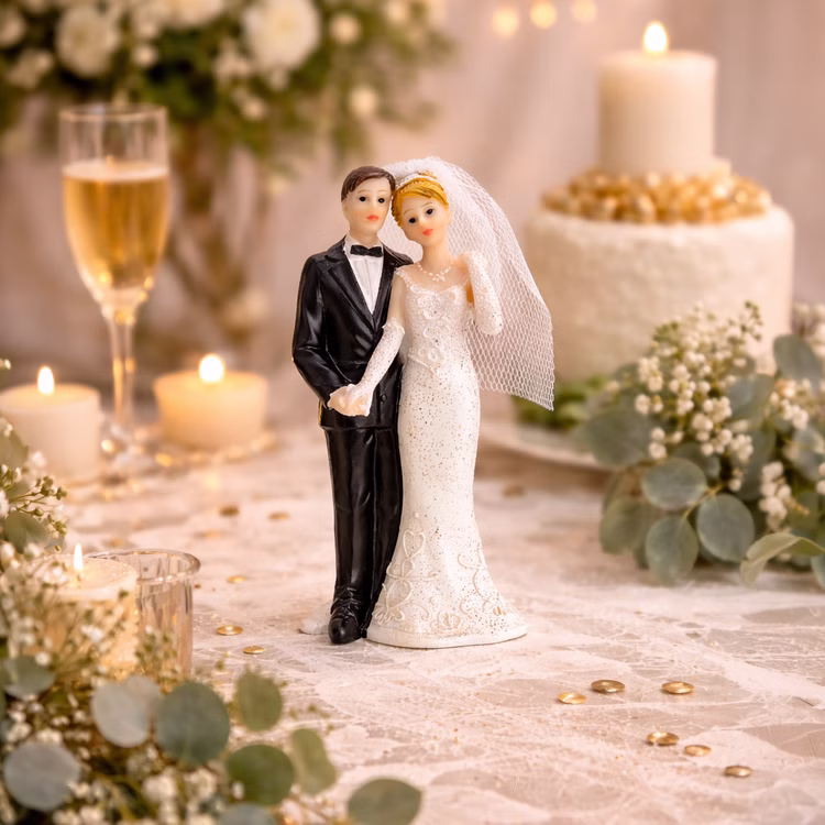 Figur Hochzeitspaar 11 cm Tortenaufsatz Tisch-Deko Party-Zubehör Party-Deko Dekoration Brautpaar Hochzeits-Deko Geschenkidee Hochzeitstorte Hochzeitsfigur Brautpaar als Tischdekoration auf festlich gedecktem Tisch mit Kerzen, Blumen und romantischer Beleuchtung.