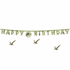 Jurassic World Party-Set Dinosaurier Party-Deko 34-Teile T-Rex Geburtstag Saurier Lizenz-Party-Zubehör gedeckter Tisch Tisch-Deko Mottoparty Kindergeburtstag Geburtstag Grüner Happy Birthday Banner mit ausgestanzten Buchstaben und Dino-Elementen.