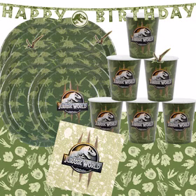 Jurassic World Party-Set Dinosaurier Party-Deko 34-Teile T-Rex Geburtstag Saurier Lizenz-Party-Zubehör gedeckter Tisch Tisch-Deko Mottoparty Kindergeburtstag Geburtstag Komplettübersicht des Jurassic World Party-Sets mit Tellern, Bechern, Servietten, Banner und Tischdecke im Dinosaurier-Design.