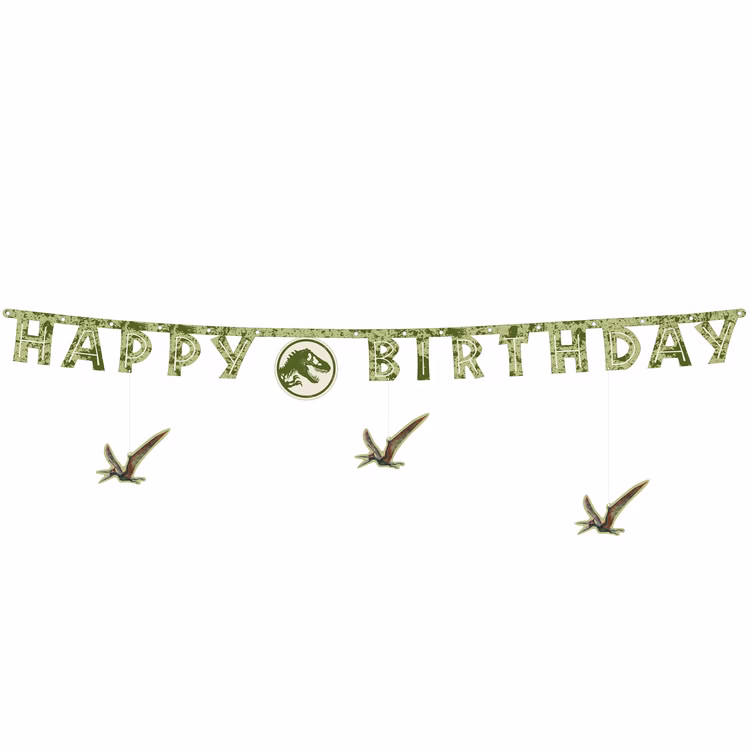 Jurassic World Party-Set Dinosaurier Party-Deko 34-Teile T-Rex Geburtstag Saurier Lizenz-Party-Zubehör gedeckter Tisch Tisch-Deko Mottoparty Kindergeburtstag Geburtstag Grüner Happy Birthday Banner mit ausgestanzten Buchstaben und Dino-Elementen.