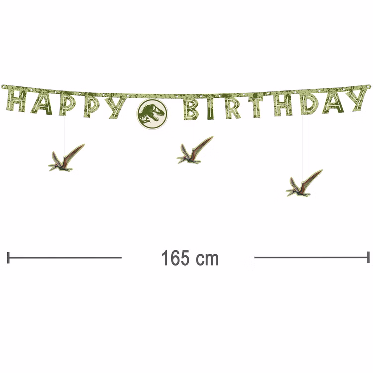 Jurassic World Party-Set Dinosaurier Party-Deko 34-Teile T-Rex Geburtstag Saurier Lizenz-Party-Zubehör gedeckter Tisch Tisch-Deko Mottoparty Kindergeburtstag Geburtstag Maßangaben des Happy Birthday Banners mit hängenden Dino-Elementen und einer Länge von 165 Zentimeter.