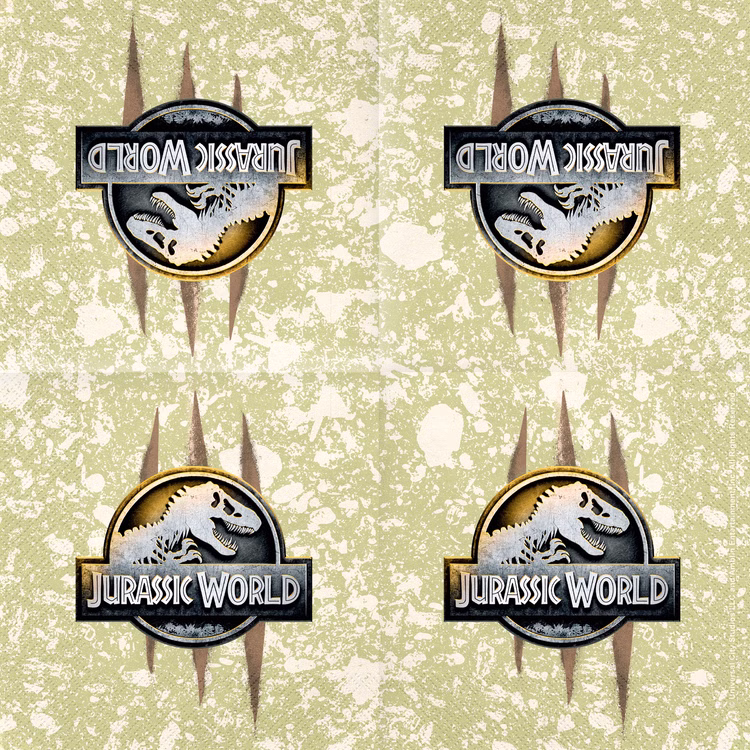 Jurassic World Party-Set Dinosaurier Party-Deko 34-Teile T-Rex Geburtstag Saurier Lizenz-Party-Zubehör gedeckter Tisch Tisch-Deko Mottoparty Kindergeburtstag Geburtstag Quadratische Serviette aufgeklappt mit hochwertigem Druck und Dino-Design.