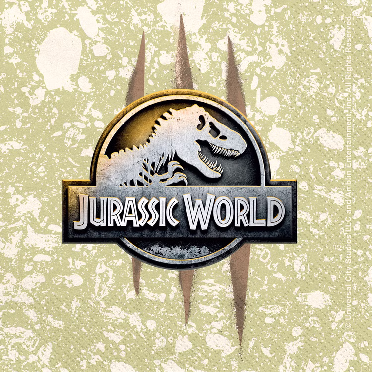 Jurassic World Party-Set Dinosaurier Party-Deko 34-Teile T-Rex Geburtstag Saurier Lizenz-Party-Zubehör gedeckter Tisch Tisch-Deko Mottoparty Kindergeburtstag Geburtstag Serviette mit Großaufnahme des Jurassic World Logos mit T-Rex auf strukturiertem Servietten-Hintergrund.