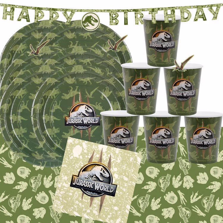 Jurassic World Party-Set Dinosaurier Party-Deko 34-Teile T-Rex Geburtstag Saurier Lizenz-Party-Zubehör gedeckter Tisch Tisch-Deko Mottoparty Kindergeburtstag Geburtstag Komplettübersicht des Jurassic World Party-Sets mit Tellern, Bechern, Servietten, Banner und Tischdecke im Dinosaurier-Design.