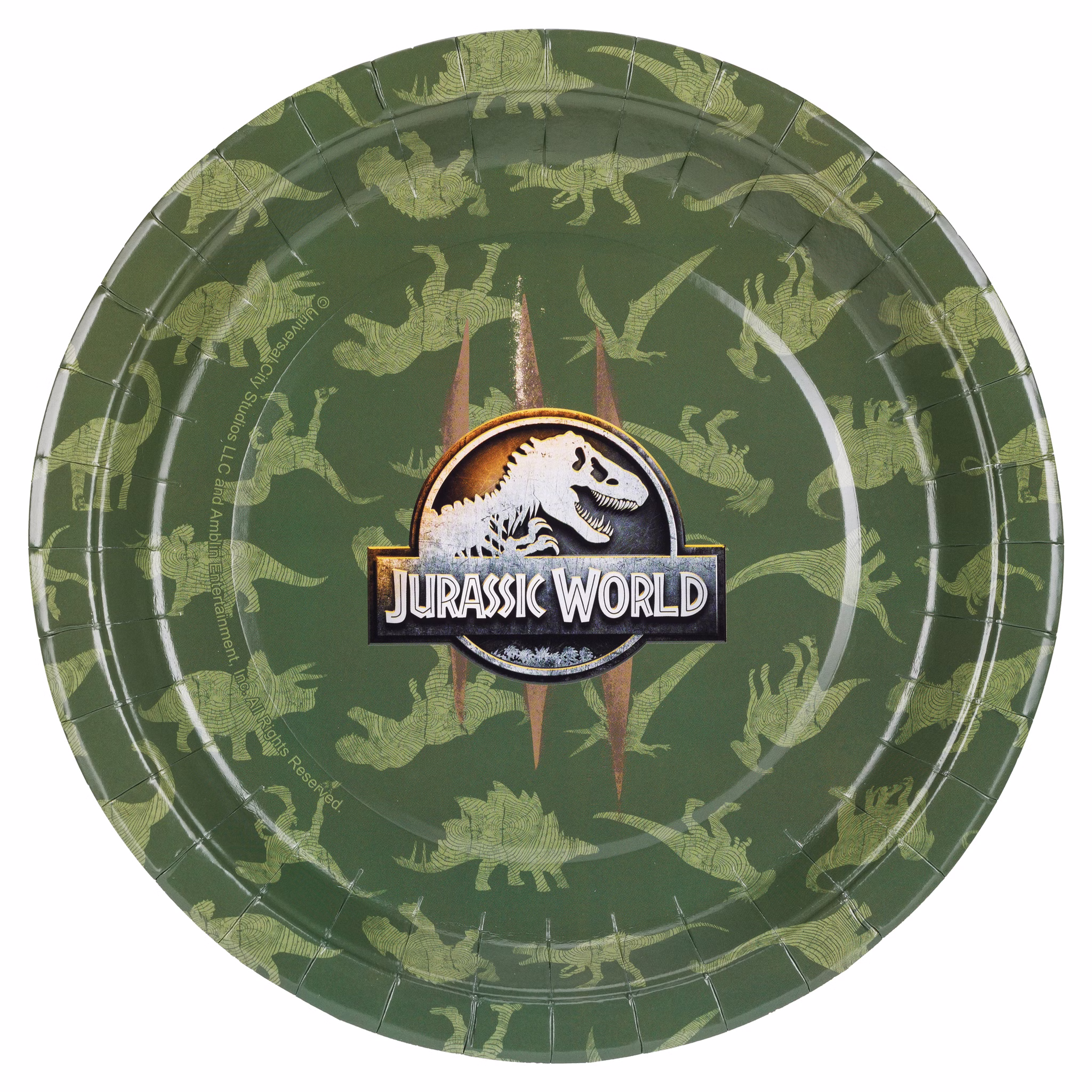 Jurassic World XXL Party-Set Dinosaurier Party-Deko 46-Teile T-Rex Geburtstag Saurier Lizenz-Party-Zubehör gedeckter Tisch Tisch-Deko Mottoparty Kindergeburtstag Geburtstag Grüner Jurassic World Pappteller mit Dino-Mustern und großem Logo in der Mitte auf hellem Hintergrund.