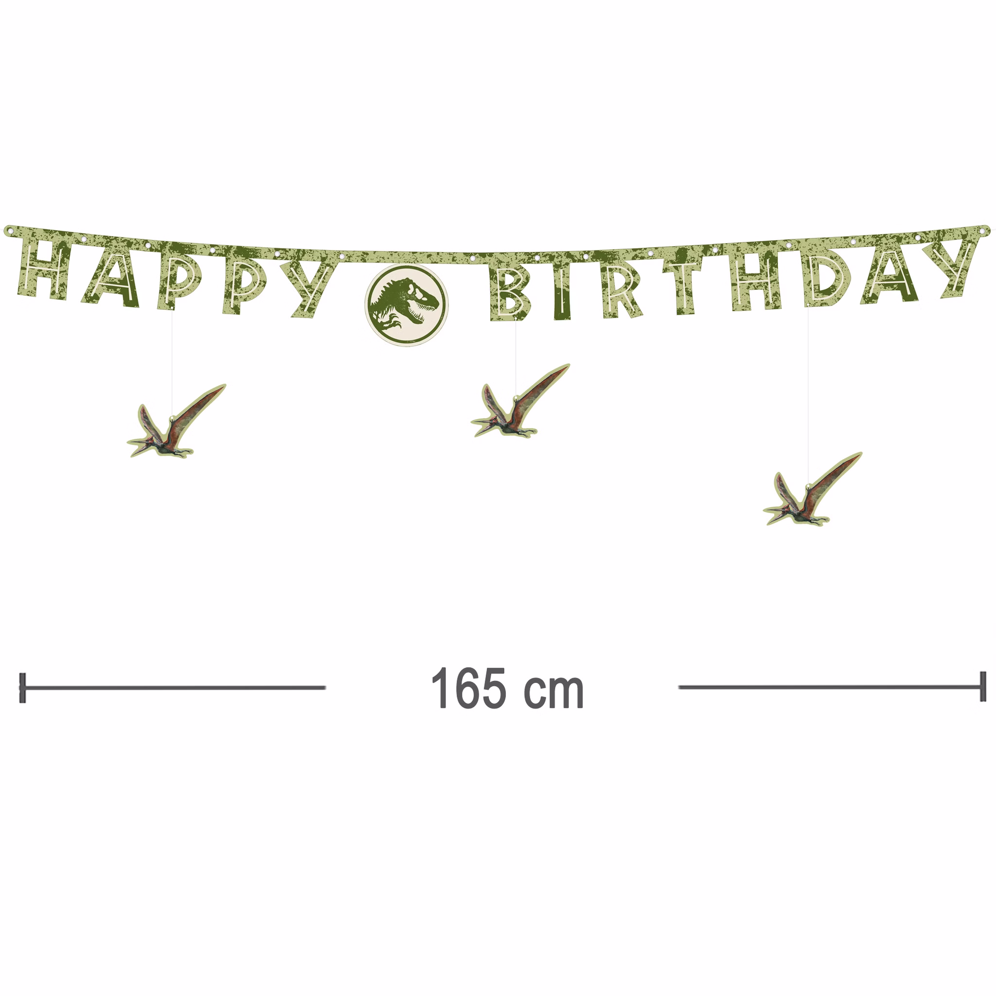 Jurassic World XXL Party-Set Dinosaurier Party-Deko 46-Teile T-Rex Geburtstag Saurier Lizenz-Party-Zubehör gedeckter Tisch Tisch-Deko Mottoparty Kindergeburtstag Geburtstag Jurassic World Happy Birthday Banner in Grün mit Dino-Motiven und einer Länge von 165 cm.