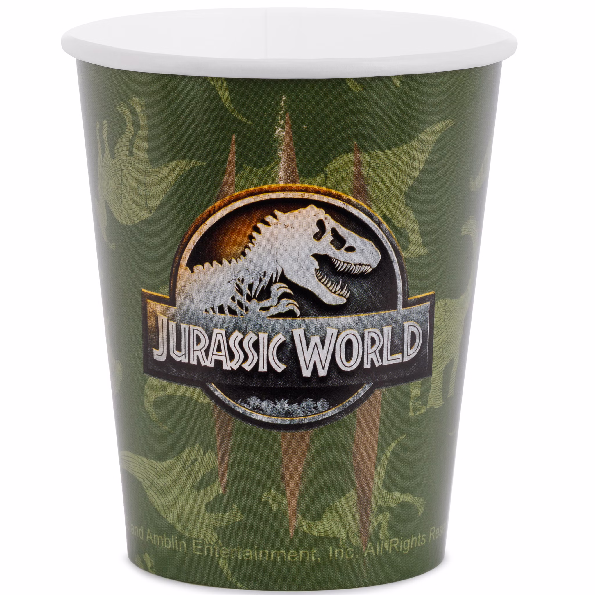 Jurassic World XXL Party-Set Dinosaurier Party-Deko 46-Teile T-Rex Geburtstag Saurier Lizenz-Party-Zubehör gedeckter Tisch Tisch-Deko Mottoparty Kindergeburtstag Geburtstag Grüner Jurassic World Pappbecher mit Logo und Dinosaurier-Motiven auf weißem Hintergrund.
