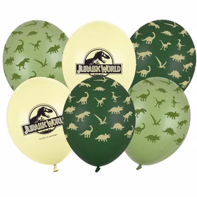 Jurassic World XXL Party-Set Dinosaurier Party-Deko 46-Teile T-Rex Geburtstag Saurier Lizenz-Party-Zubehör gedeckter Tisch Tisch-Deko Mottoparty Kindergeburtstag Geburtstag Sechs Jurassic World Luftballons in verschiedenen Grüntönen mit Dino-Motiven und Logo.